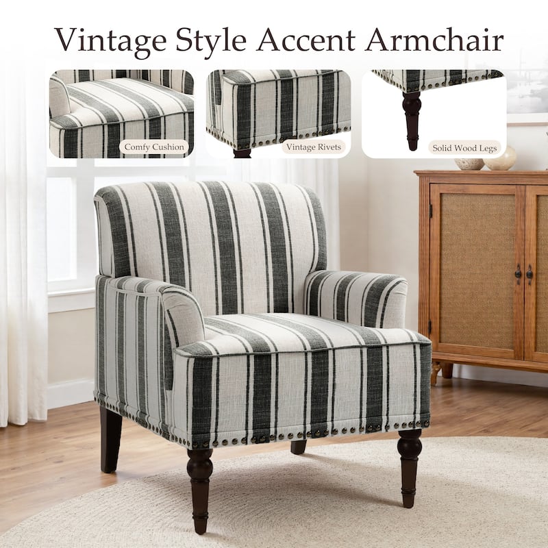 Stripe Linen Accent Arm Chair with Nailhead Trim and Wood Legs