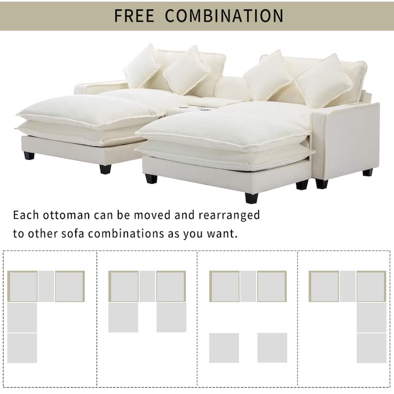 111" Chenille Sectional Sofa Set with USB Ports & Cup Holders, Oversized Chaise Lounge Modular Loveseat with 2 Ottomans