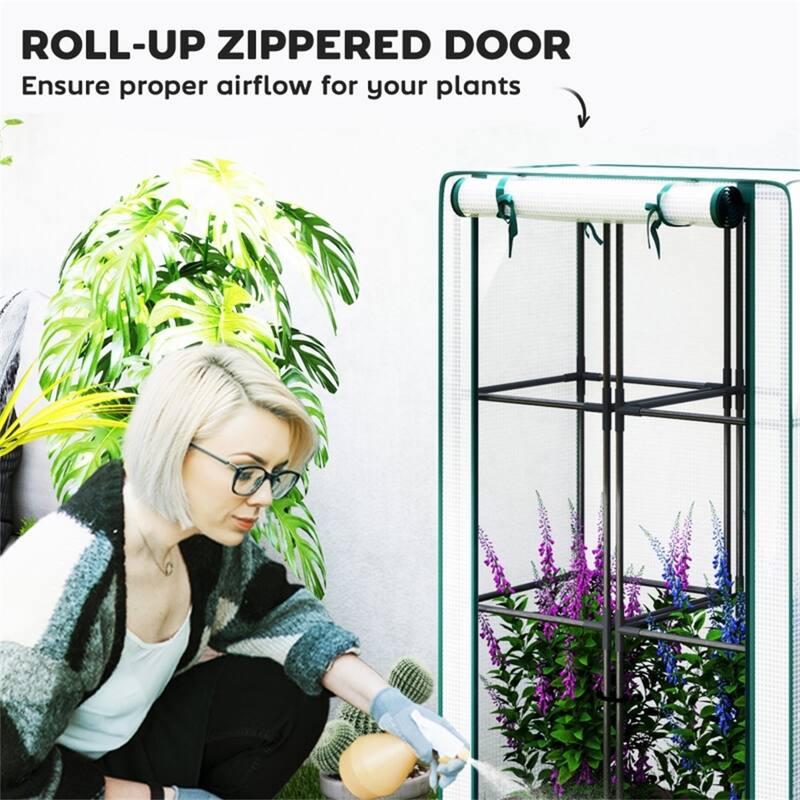 Brown and White Mini Greenhouse with PE Cover and Self-Watering System and Roll-Up Zipper