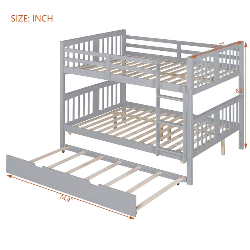 Full over Full Bunk Bed with Twin Size Trundle and Ladder-Gray
