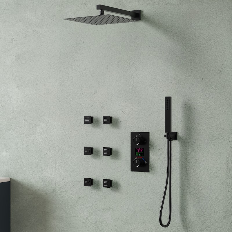 LCD Digital Display Shower System ,12" High-Pressure Rainfall Shower Head with Pressure-Balanced Valve - Matte Black