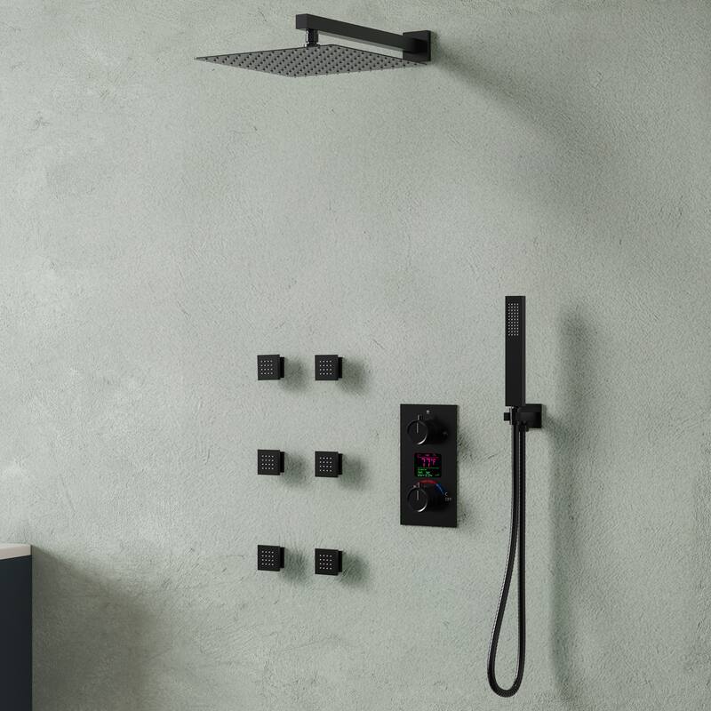 LCD Temperature Display 12" High-Pressure Shower System With Pressure Balancing Diverter Valve - 12-Inch - Matte Black