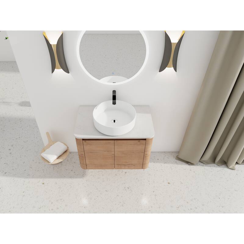 30'' Wall-Mounted Bathroom Vanity With Ceramic Art Sink & 2-Soft-Close Door, KD-Packing, Plywood
