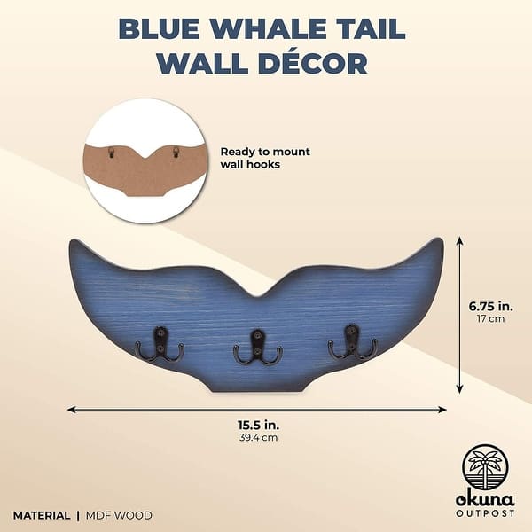Whale Tail Wall Hook for Nursery, Nautical Home Decor (15.5 x 6.75 x 1 in, Blue)