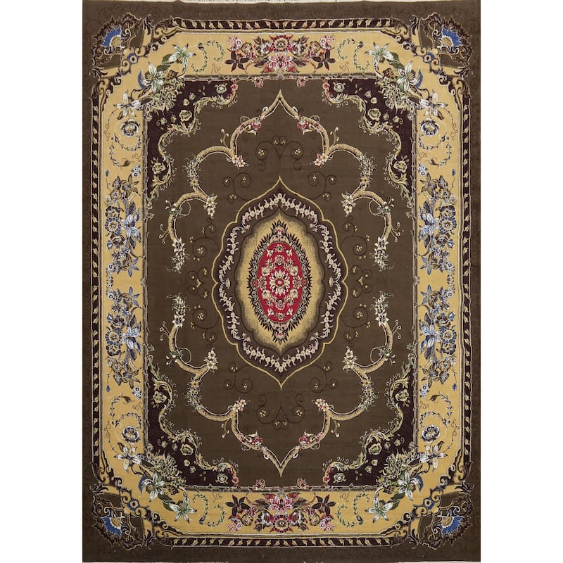 Victorian Style Green Aubusson Turkish Area Rug Machine-Made Carpet - 9'9" x 12'11"