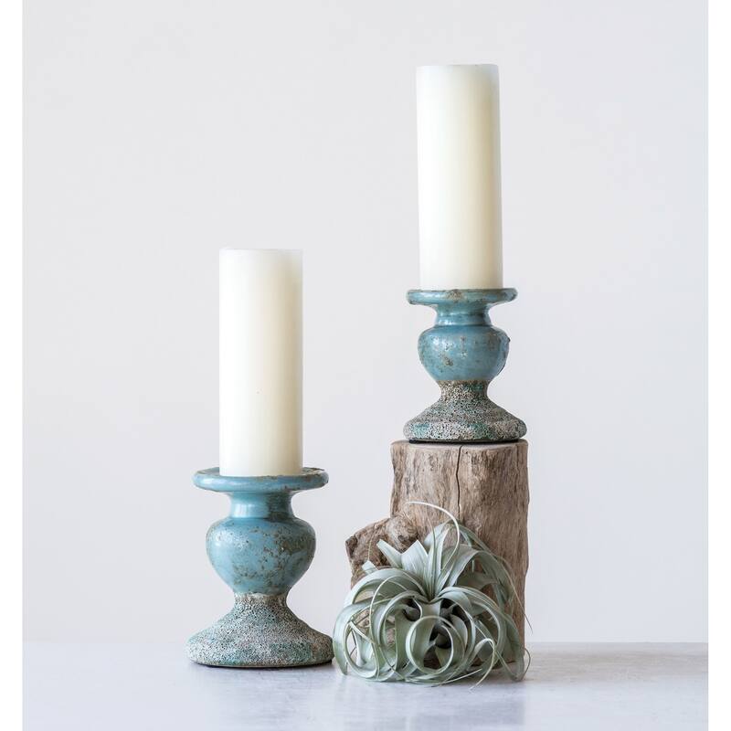 Sculptural Terracotta Pillar Candle Holder - BLU1 - 5.5" W x 7" H - Blue I
