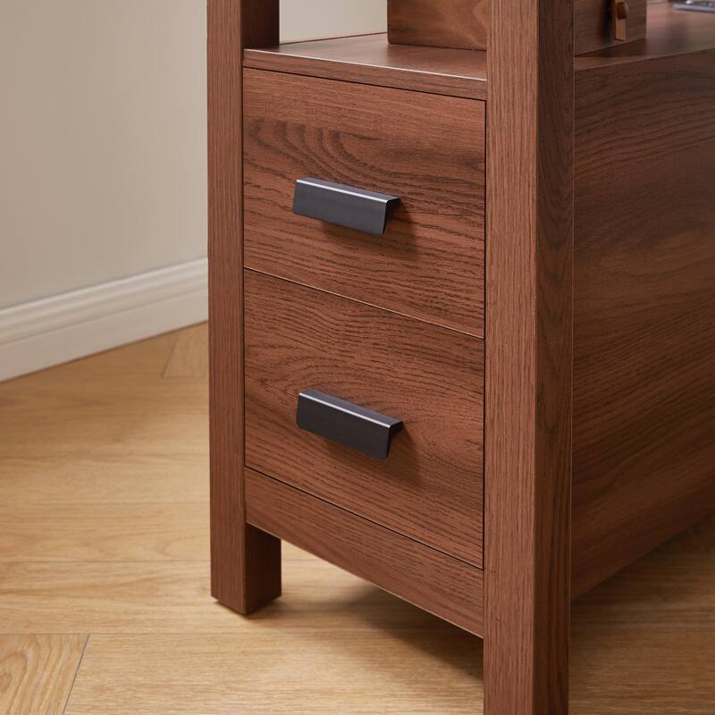 End Table with Charging Station,Side Tables with USB Ports & Outlets,Side Table with 2 Drawers, Small Wood Bedside Table