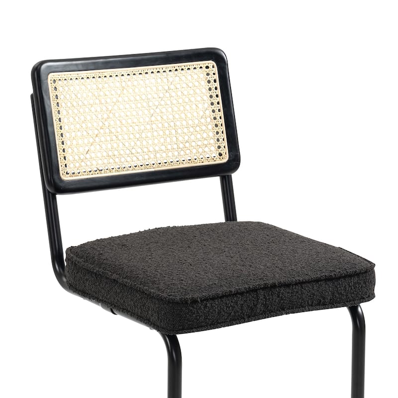 Set of 2 Ayo Black Fabric Bar Stool with Rattan Backrest and Black Steel Legs