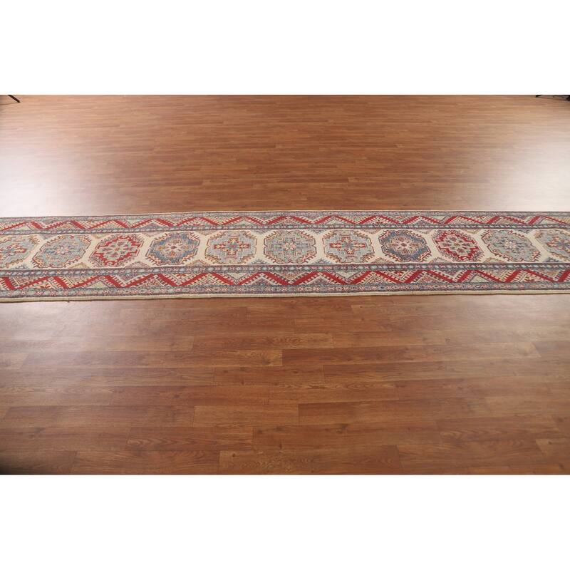 Geometric Kazak Runner Rug Handmade Beige Wool Carpet - 2'7" x 15'6"