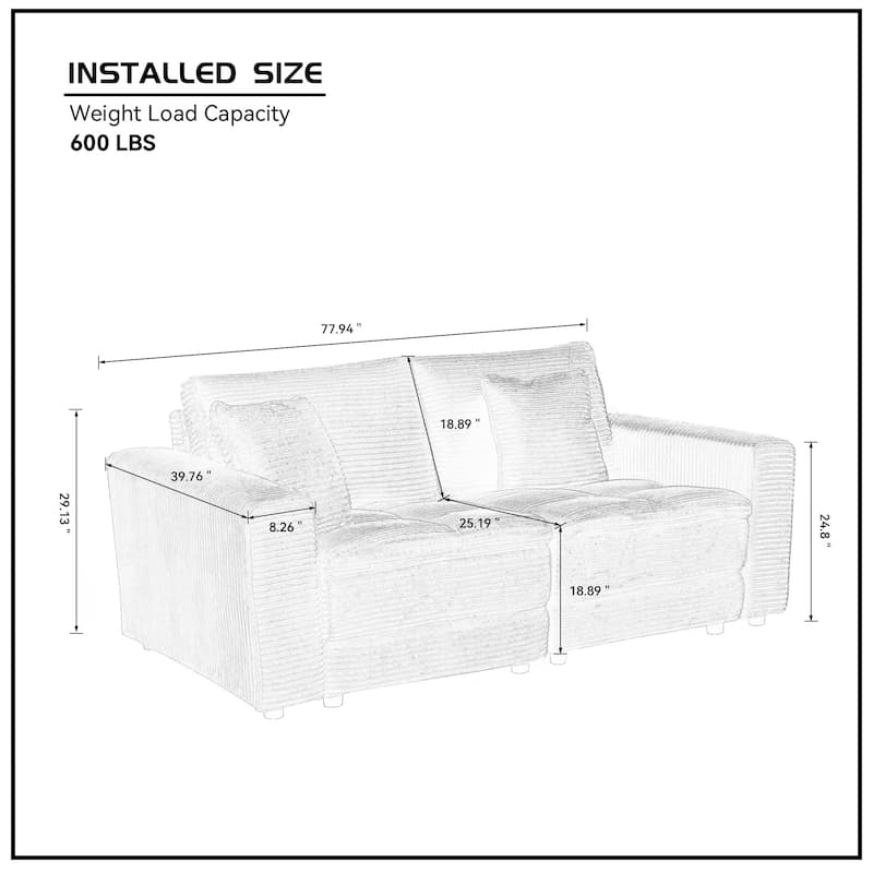 2 Seats Couch with Detachable Cushions Corduroy Upholstery 2 Pillows Living Room Apartment