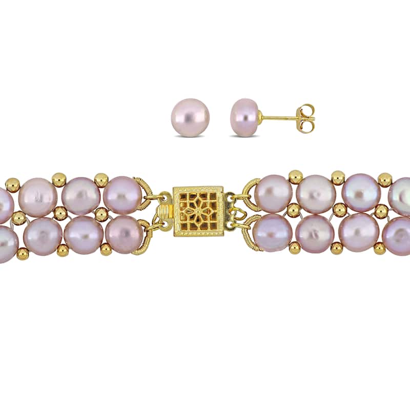 Miadora Pink Cultured Freshwater Pearl Bead Double Row Strand Jewelry Set Yellow Silver