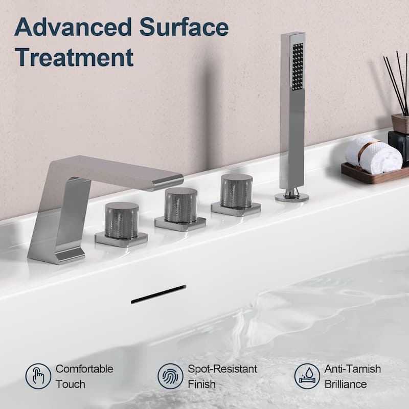 GRANDJOY Deck Mount Bathtub Spout and Handheld Shower Head Combo 5 Hole Design High Pressure