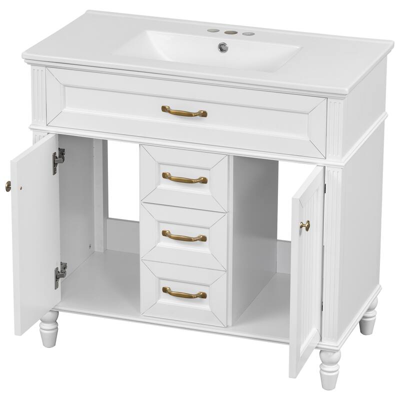 Roomfitters 36" Bathroom Vanity with Sink, Solid Wood Frame, Flip-Out Drawer & Soft-Close Doors