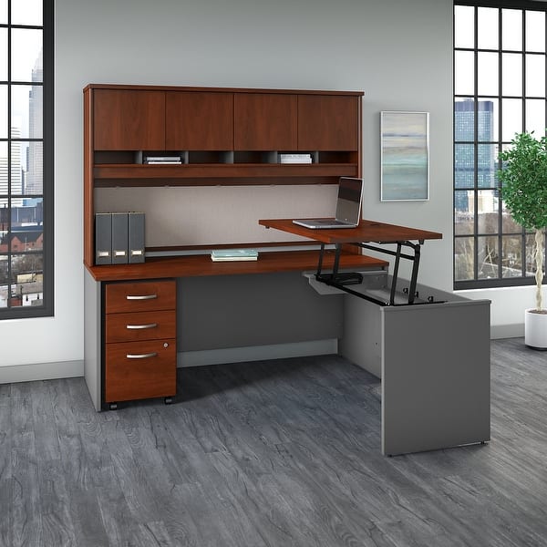 slide 2 of 13, Series C 72W Sit to Stand L Shaped Desk Office Suite in Hansen Cherry Hansen Cherry