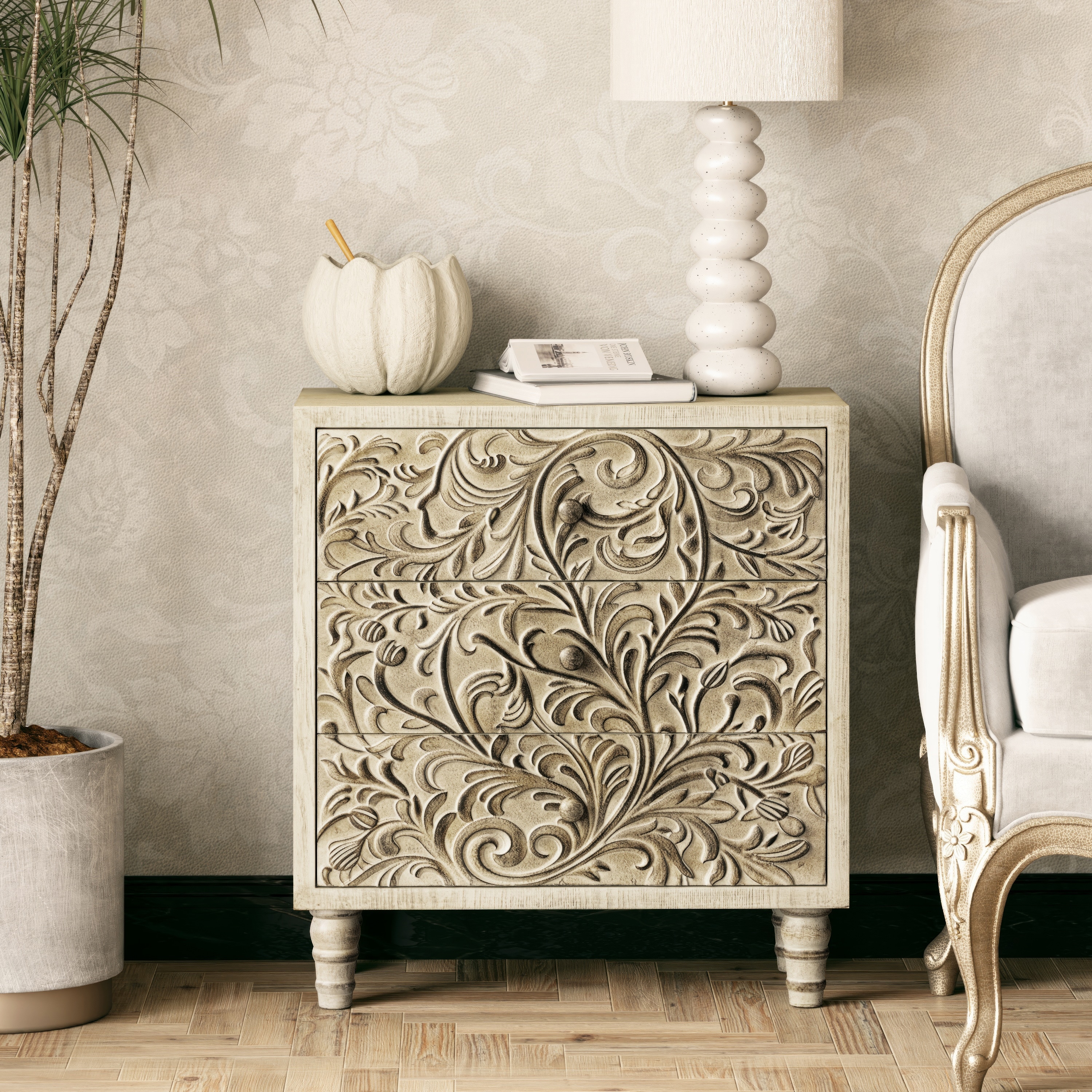 COZAYH 3 Drawer Farmhouse Nightstand with Embossed Weathered Flower Motif, Vintage Dresser, Boho