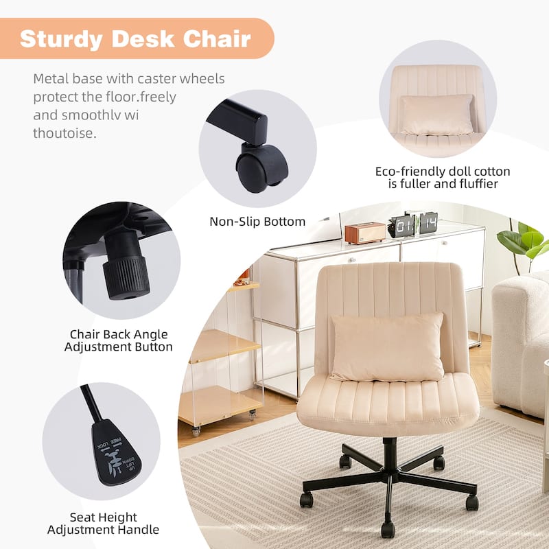 Velvet Criss Cross Armless Office Chair with Wheels - Versatile for Home Office, Meditation & Makeup