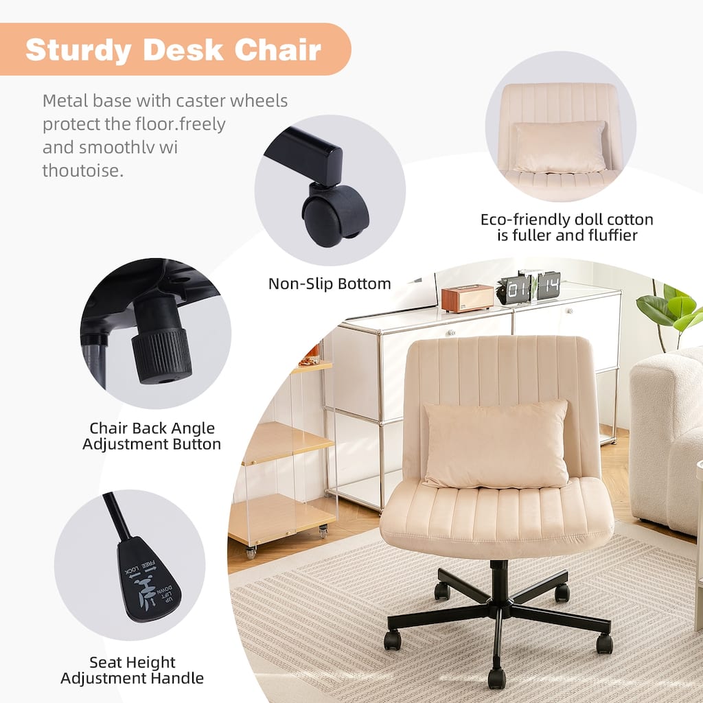 Velvet Criss Cross Chair with Wheels, Ergonomic ​Home Office Chair, ​Adjustable Swivel Vanity Chair with Lumbar Pillow