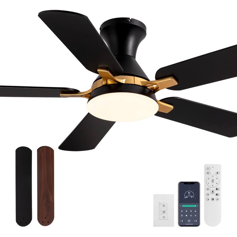 Industrial Led Ceiling Fan With Lights And Remote, Modern Black And Gold Flush Mount Ceiling Fan With 5 Blades