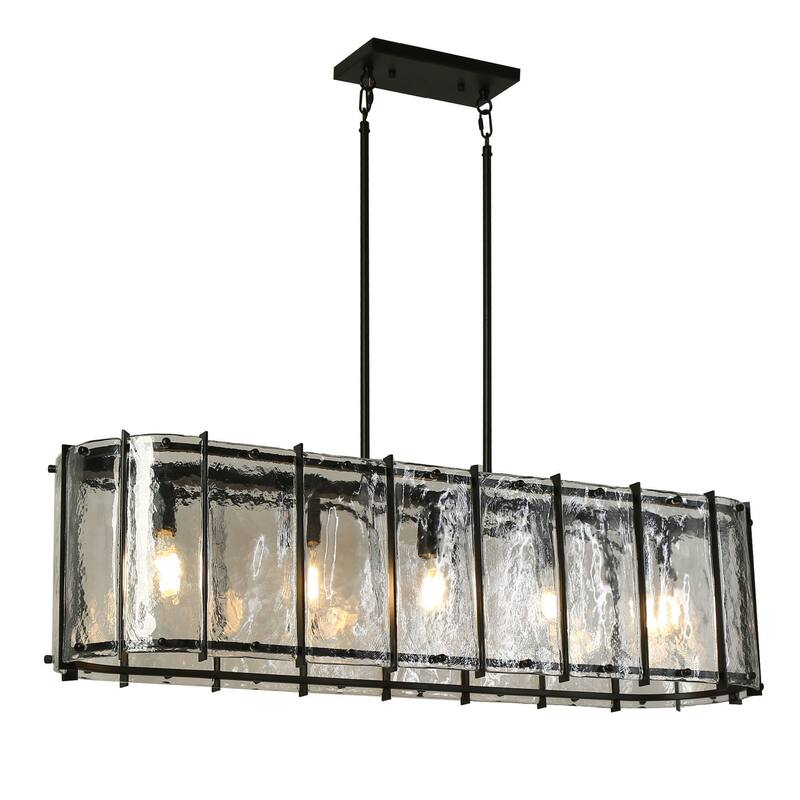 Modern 5-Light Rectangle Chandelier Textured Glass Light For Kitchen Island Dining Room - Black - W42.1"xD10.6"xH11"