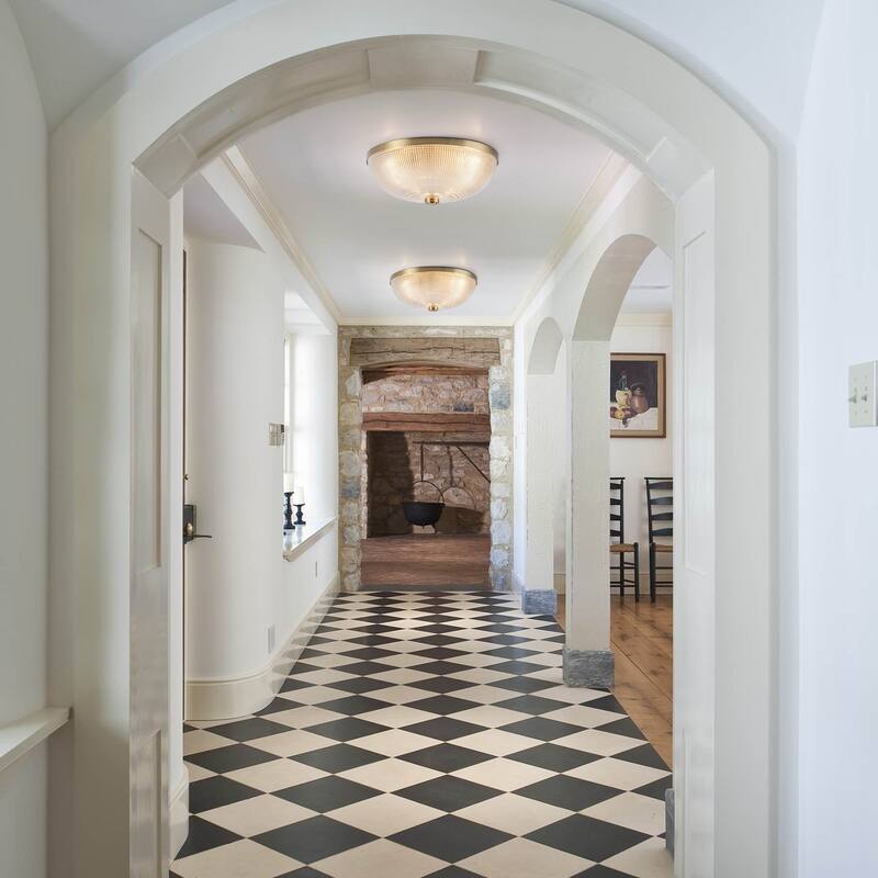 3-Light Industrial Gold Semi Flush Mount Lights with Grid Textured Glass - Brass