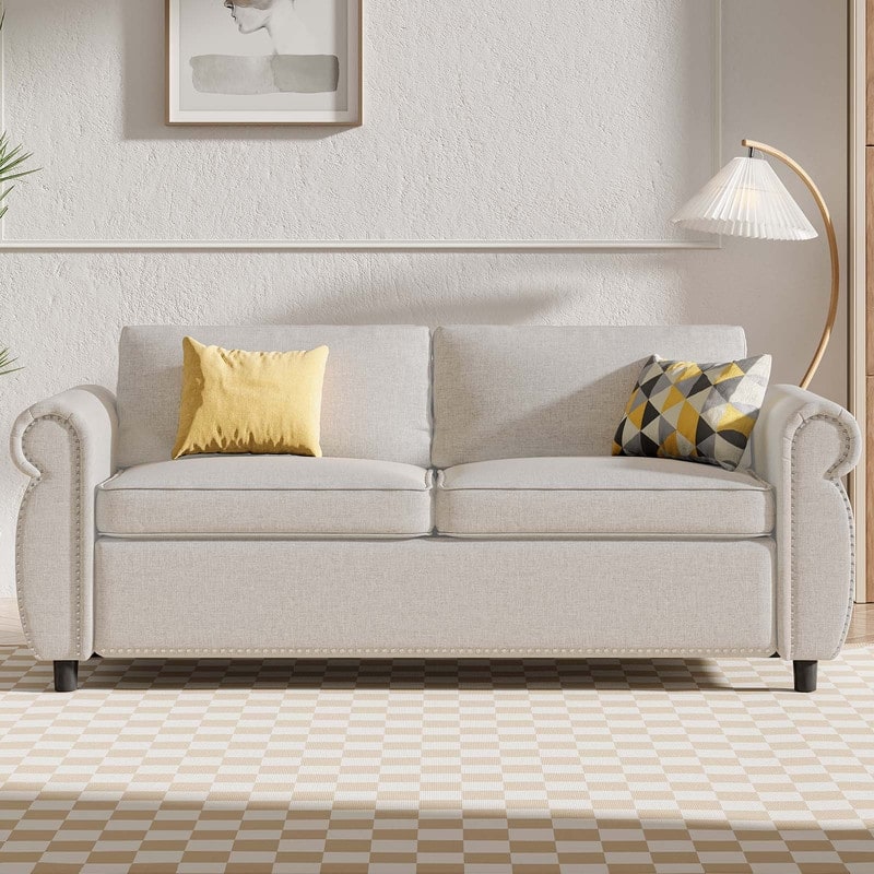 Mixoy Full/Queen Size Pull Out 2 in 1 Sleeper Sofa Bed with Mattress,Convertible Upholstered Loveseat with Nailhead
