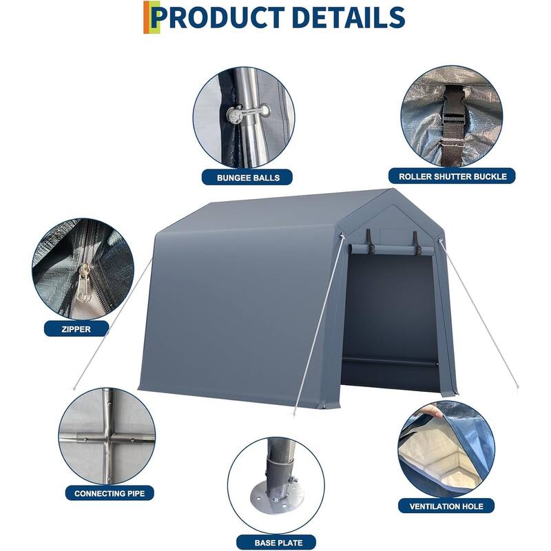 Outdoor Storage Shed, Portable Carport with Roll-Up Ventilated Zipper Door and Windows, Heavy Duty Waterproof Tarp