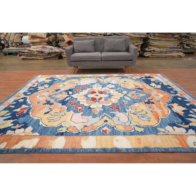 Hand Knotted Oriental 100% Wool Carpet Transitional Floral Navy Blue & Blues Oushak Area Rug - 9' 10'' X 8' 3''