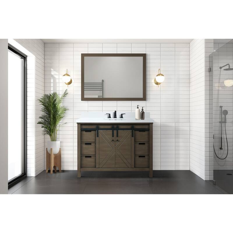 Marsyas 48 in W x 22 in D White Bath Vanity, Grey Quartz Countertop, Faucet Set and 44 in Mirror