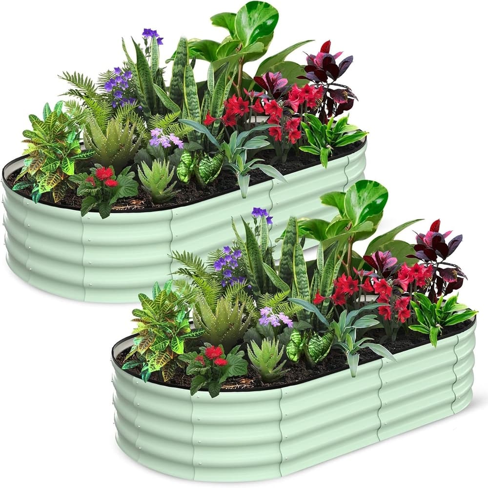2-Pack Galvanized Steel Oval Raised Garden Beds (6*3*1FT) - Large Metal Planter Box with Open Base Off-White