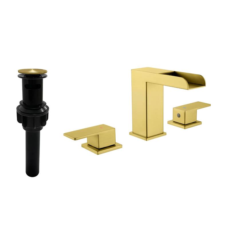 8 Inch Widespread Waterfall Bathroom Faucet with Pop-up Drain Kit Modern Double Handle 3 Holes Bathroom Sink Basin Vanity Taps - Brushed Gold