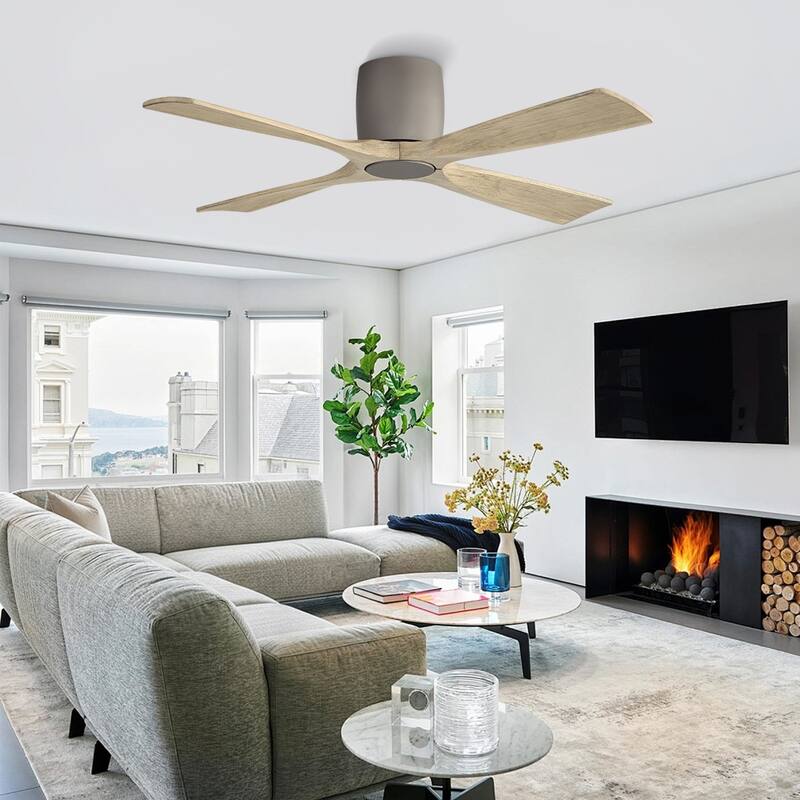 MLiAN 4 Soild Wood Blades Flush Mount Ceiling Fan Remote Control 6-Speed DC