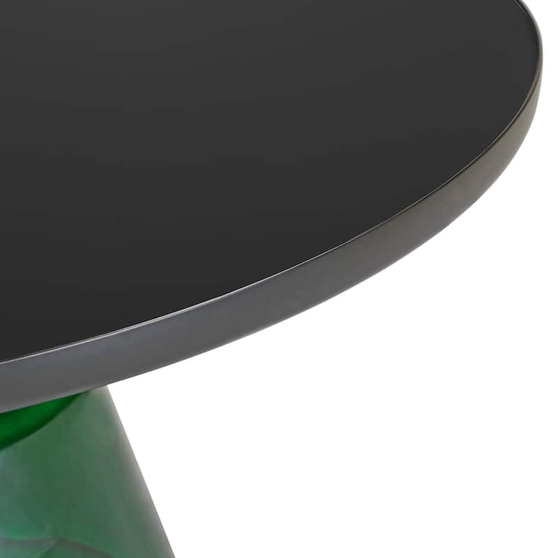 30-Inch Round Coffee Table Glass/Stone Tabletop with Black Iron Rim Frame Glass Pedestal Base