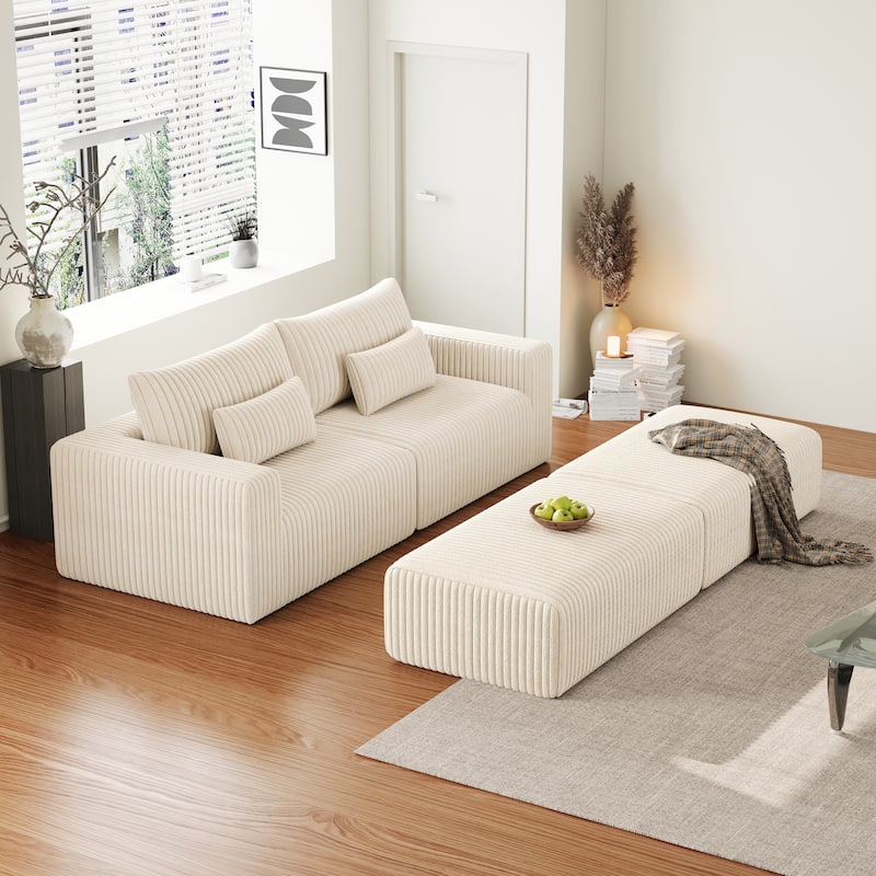 102" Corduroy Lounge Sectional Sofa with 2 Footstools