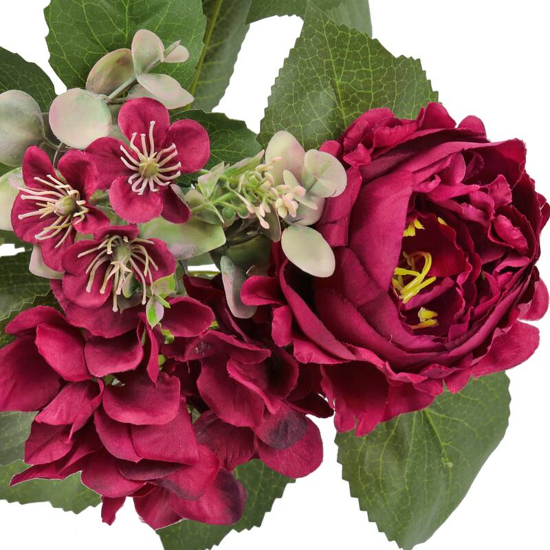 Set of 2 Burgundy Artificial Mixed Peony Hydrangea Blossom Flower Stem Bush Bouquet 17in - 17" L x 11" W x 11" DP