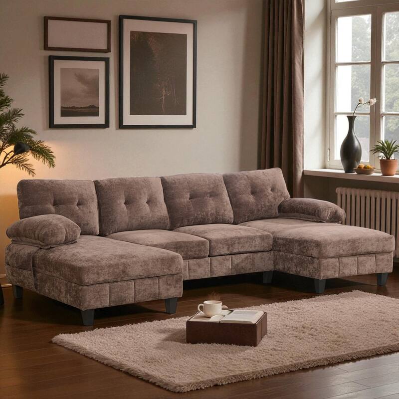 103.5" U-Shaped Sectional Sofa with Dual Chaise Lounges, Chenille Upholstery, Storage Pockets and Armrest Pillows - Brown