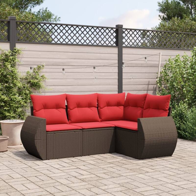 vidaXL Patio Sofa Set with Cushions Outdoor Conversation Furniture Poly Rattan - 24.4 x 24.4 x 27.2 - Brown and Red-Without table