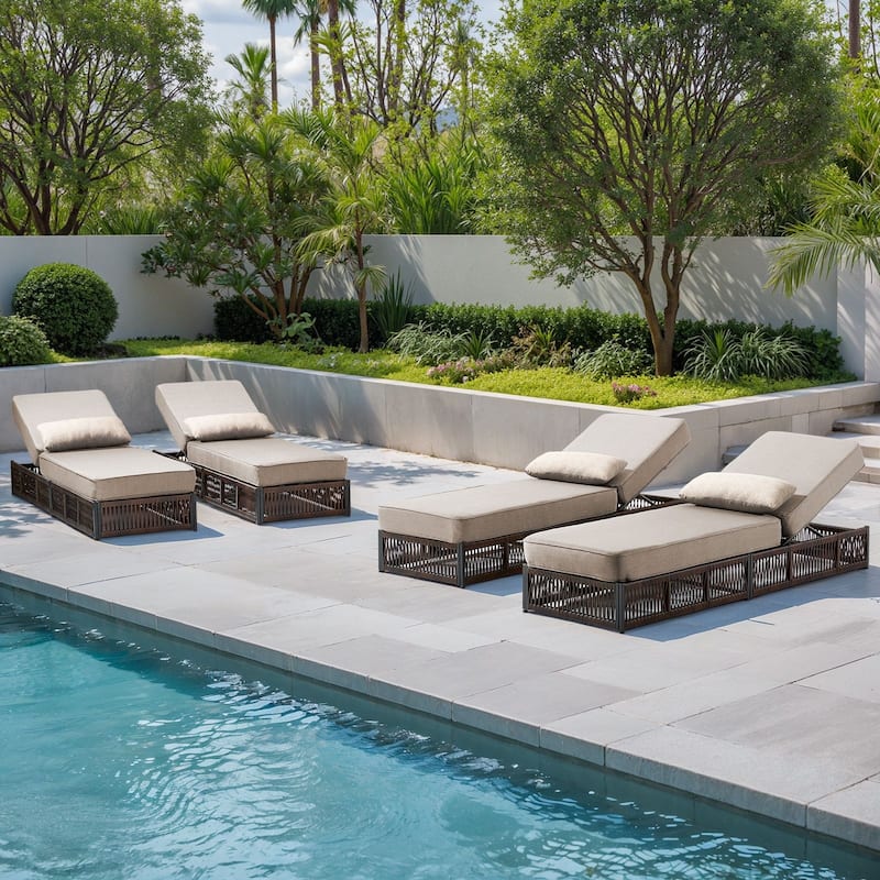 Gymojoy Outdoor Patio Chaise Lounge Chair, Luxury Rattan Recliner with 6-Position Backrest & 5-Inch Thick Cushions Set of 4