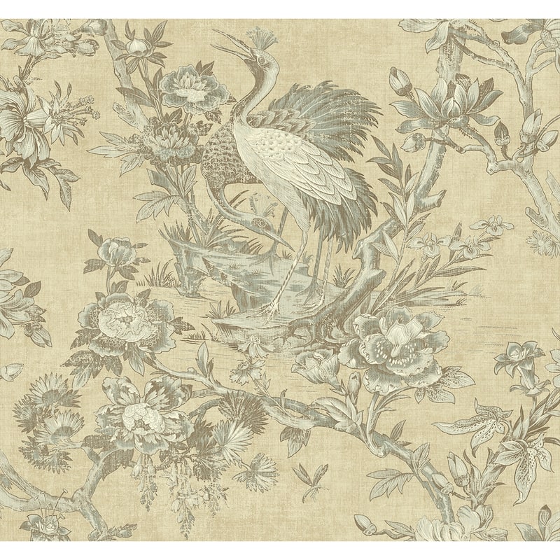 Seabrook Designs Richmond Hill Crane Unpasted Wallpaper - 27 in. W x 27 ft. L - Beige & Blue Smoke