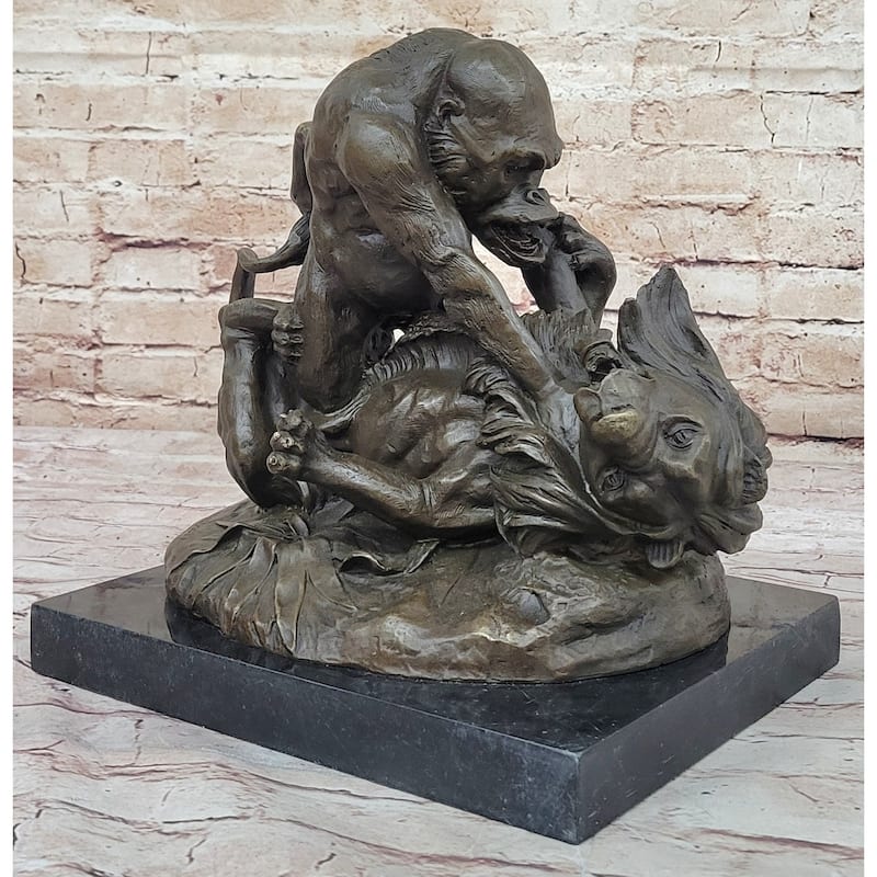 Bronze Sculpture Statue Of A Imitative Gorilla Vs. Imitative Lion By Clovis Edmon Mon