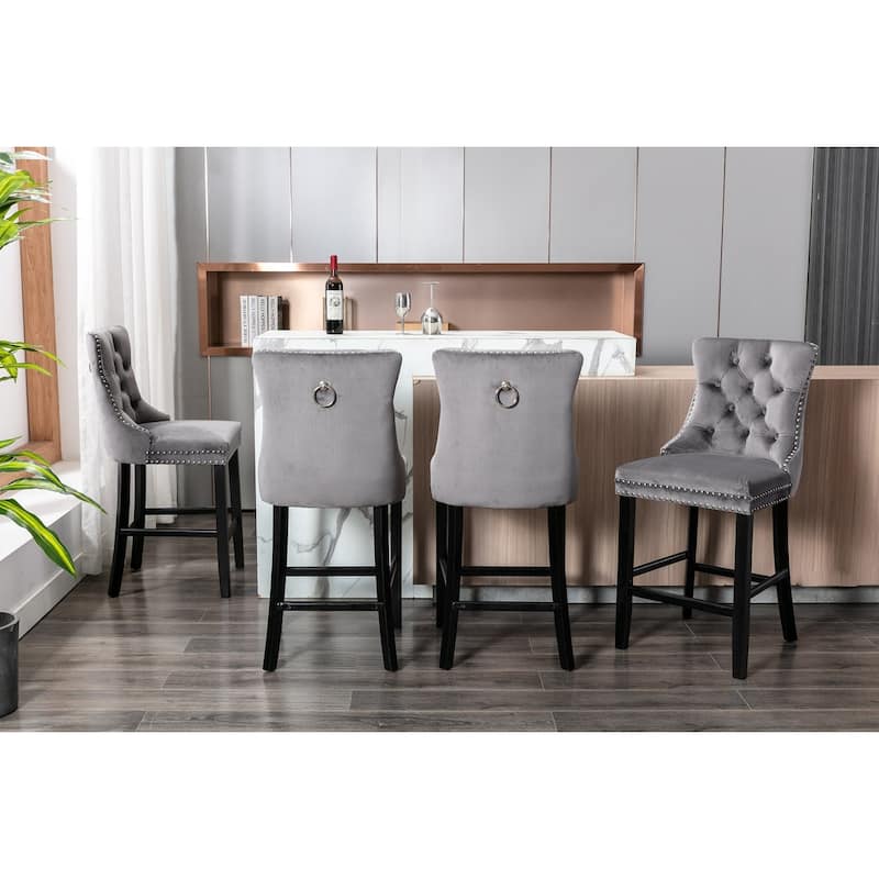 Velvet Bar Chairs Set of 2, Counter Height Bar Stools with Button Decor and Nailhead Trim, Dining Room Chairs with Back