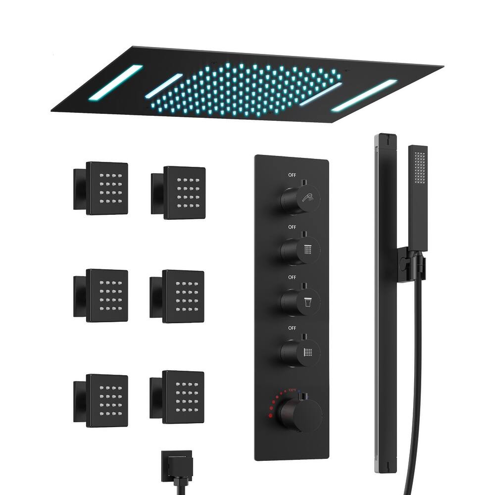 GRANDJOY Luxury Shower Faucets 23" LED Ceiling Mount Showerhead System with 6 Body Jets