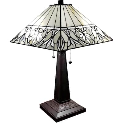 Tiffany Style Table Lamp Mission 22" Tall Stained Glass White Flower Night Stand Bedroom Handmade Amora Lighting