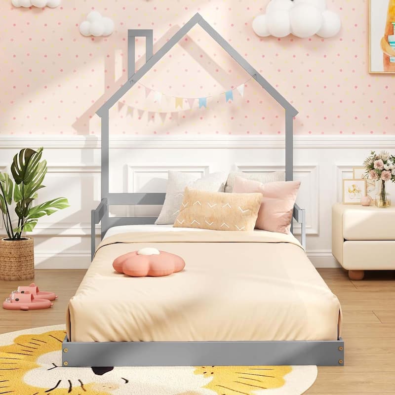 Floor Kid House Bed Frame Wood Twin Floor Bed w/ Fence