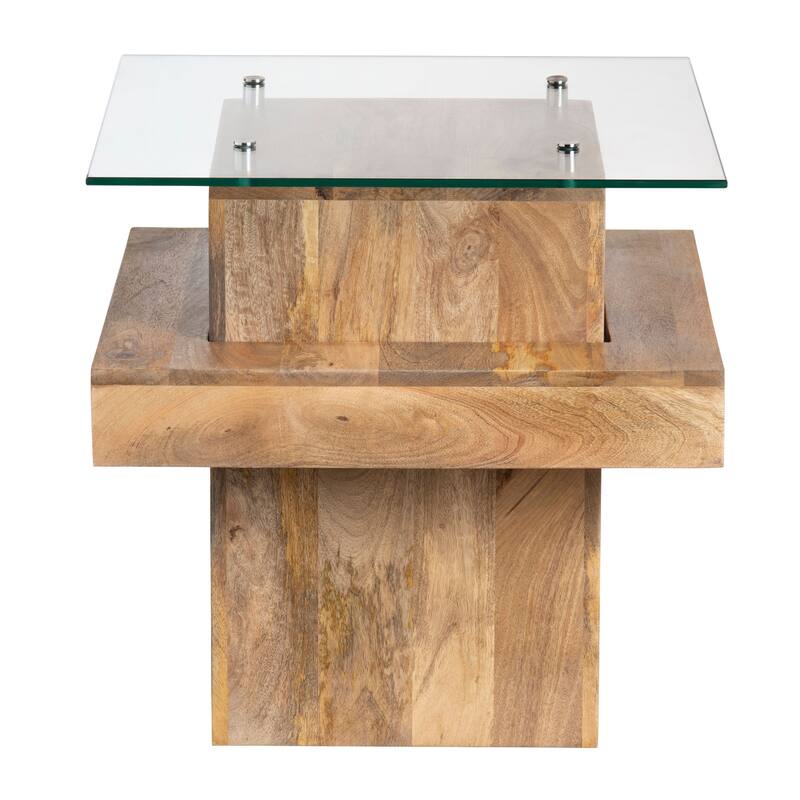 Monaco Mango Wood and Glass End Table, Brown
