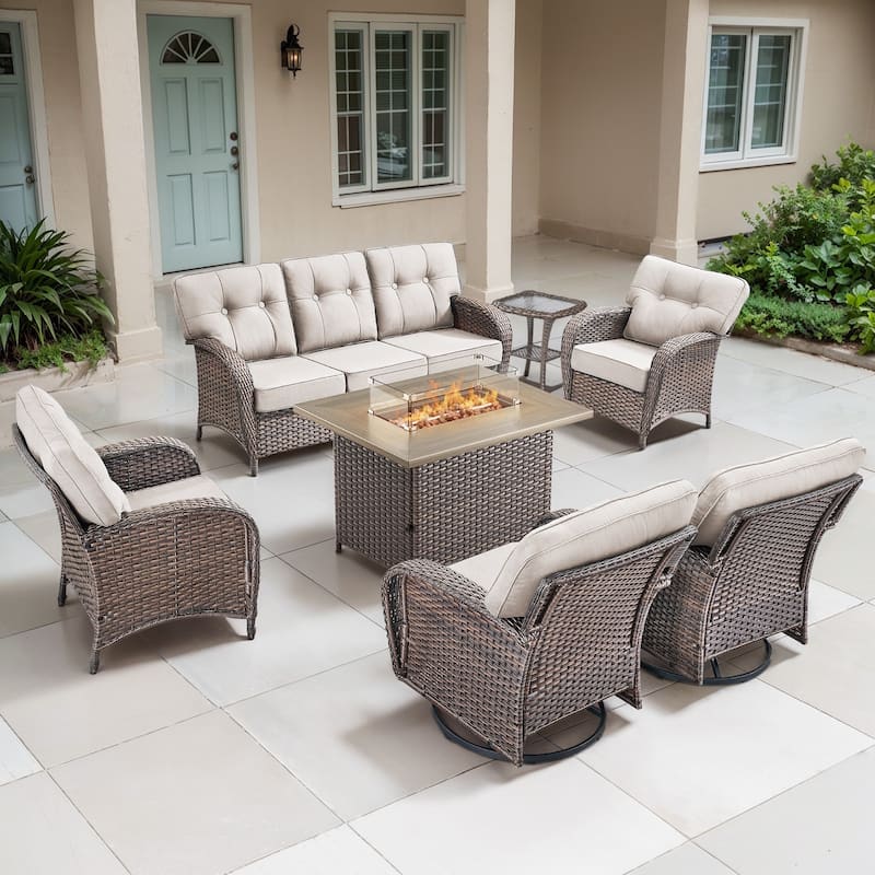 TWrap Wicker Patio Fire Pit Conversation Set with 3-Seat Sofa & Swivel Gliders & Armchairs