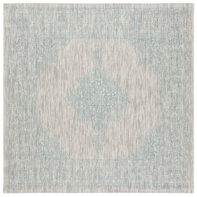 SAFAVIEH Courtyard Zikrija Indoor/ Outdoor Waterproof Patio Backyard Rug - 6'7" Square - Grey/Aqua
