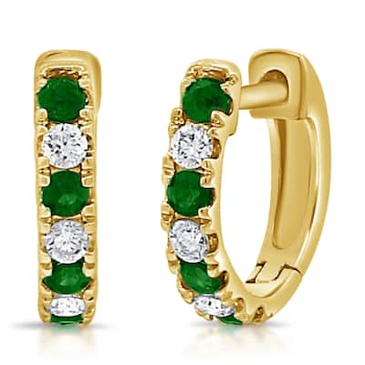 Joelle Collection Emerald & Diamond Huggie Earrings 14K Gold 13mm