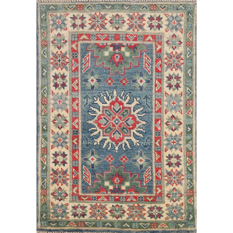 Blue Kazak Oriental Accent Rug Hand-Knotted Wool Carpet - 2'0" x 3'0"