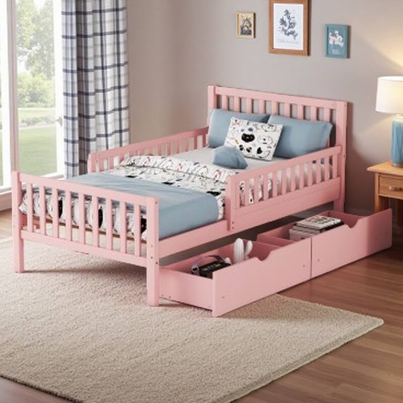 Twin Wooden Platform Bed with Storage Drawers and Side Safety Rails, No Box Spring Required - Pink