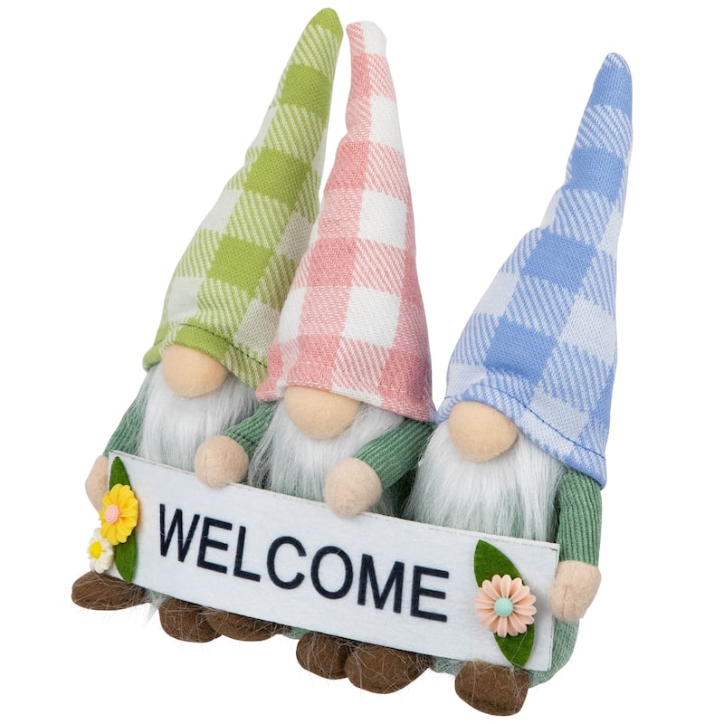 Gnome Trio with Welcome Banner Spring Table Decoration - 7" - Pastel Pink and Green